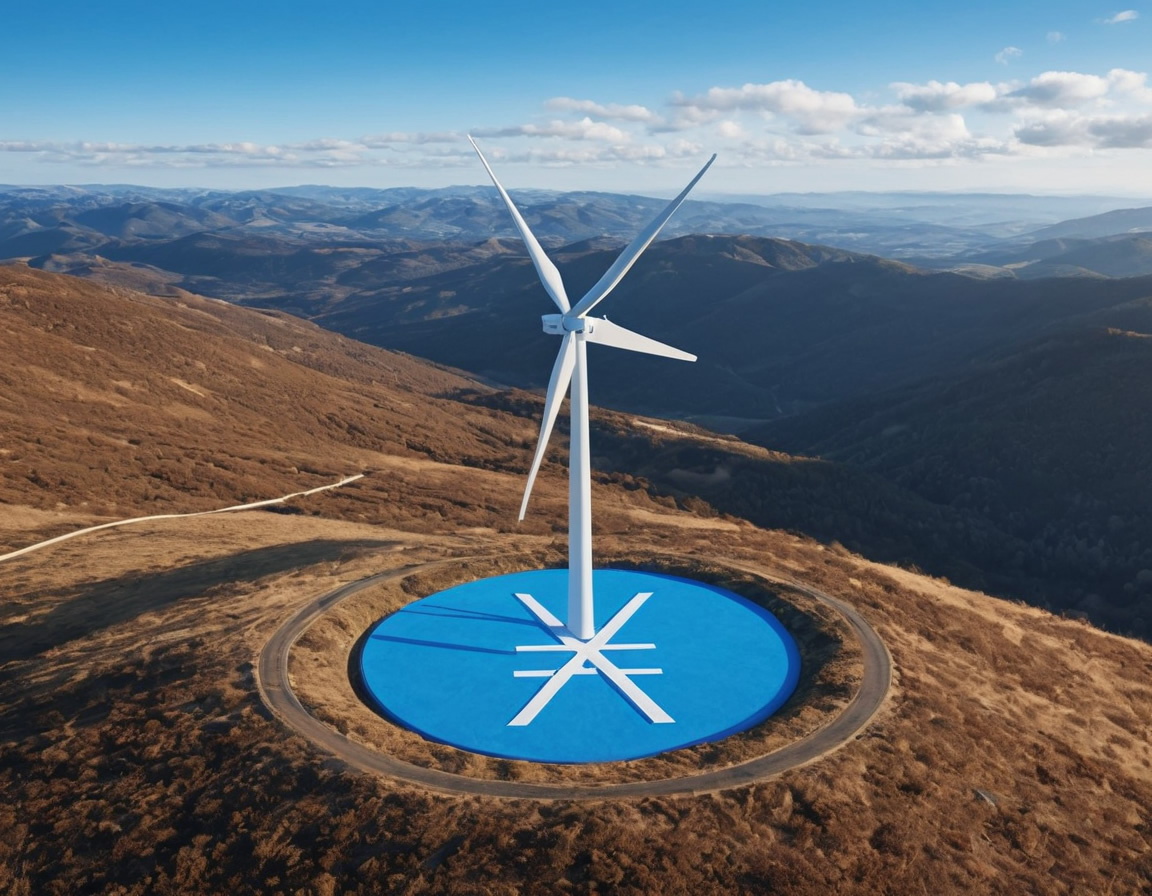 Wind Turbine Standing on Mountaintop Giant Xno Symbol Painted in Blue on Ground Below Mre Ads Corporate