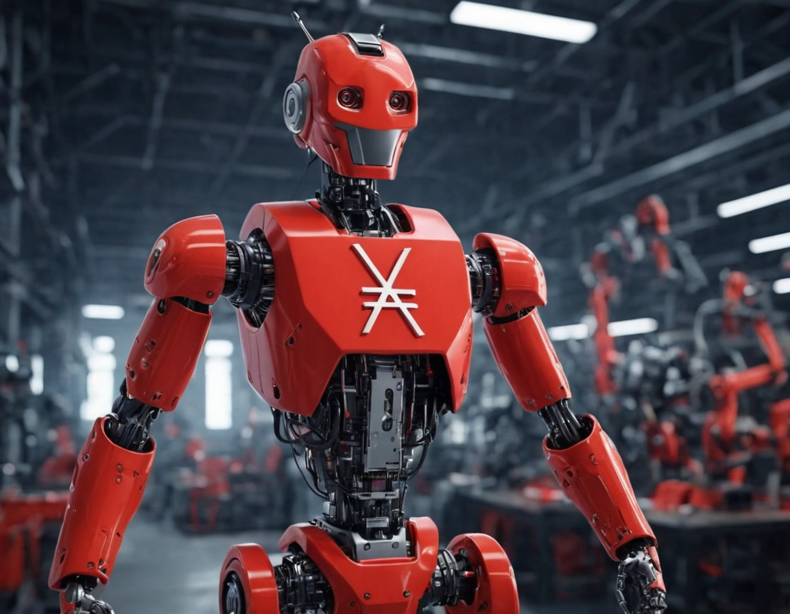 Red Robot With 3D Xno Symbol on His Chest Factory Futuristic Cybernetic Robot