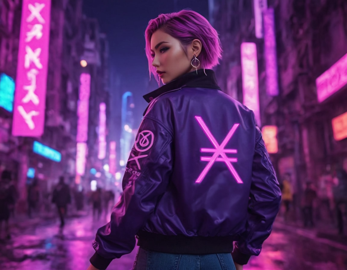 Woman With Xno Symbol Jacket in City Sai Neonpunk Sai Anime