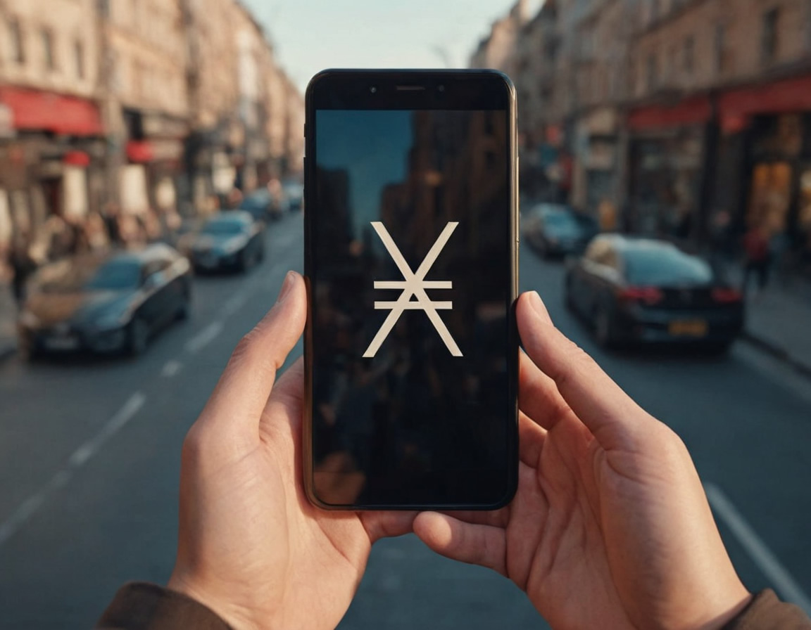 Person Holding a Smartphone Xno Symbol on Screen Close up Busy Street Ads Corporate